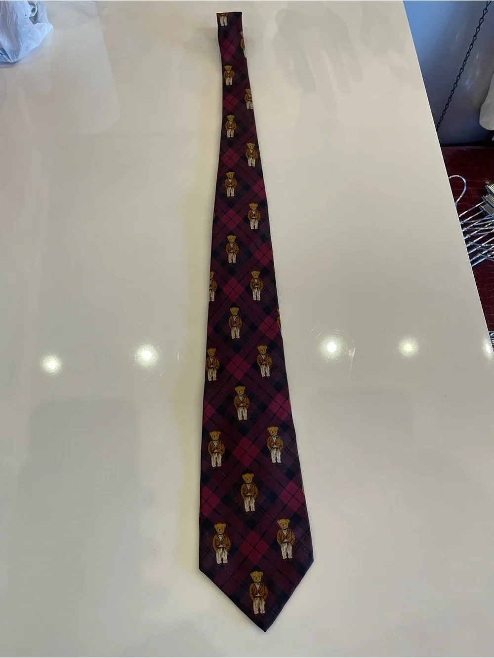 Vtg Polo Ralph Lauren Polo Bear Silk Tie Plaid Burgundy Purple Blazer Rare